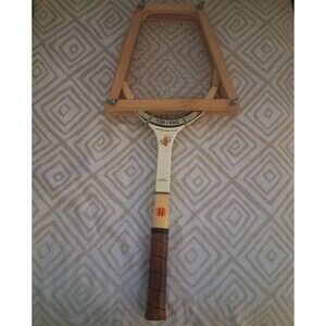 Vintage Wooden Tennis Racket + Press National King Top-Pro Racquet Clamp Display